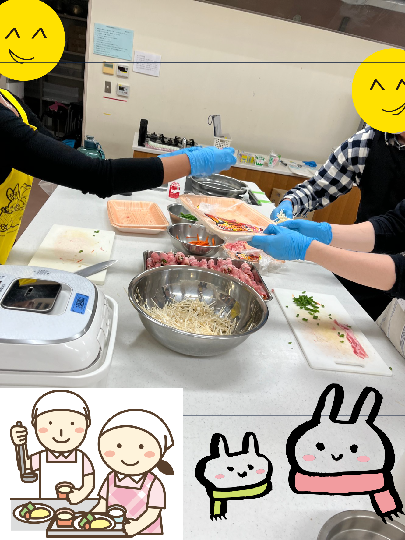 にこにこユニバース様主催こども食堂　始めに野菜の肉巻きの下ごしらえをするボランティアメンバー